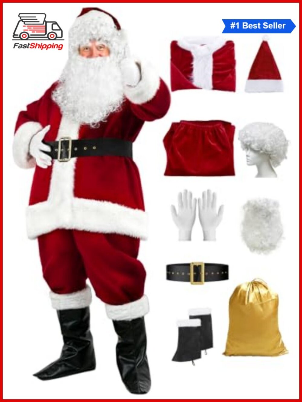 🎅 Men's Deluxe 9-Piece Santa Claus Costume Thick Velvet Faux Fur Christmas Suit